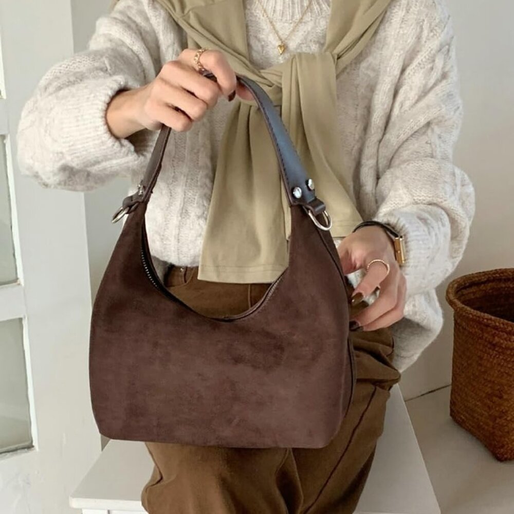 Suede Crescent Tote Bags for Women Vintage Shoulder Bag Brown Suede Handbag Casu - Picture 6 of 7